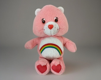 Vintage 2002 Care Bears Cheer Bear Plush Pink Rainbow Heart