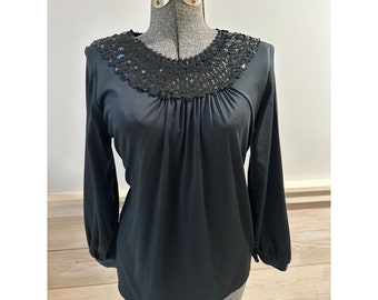 Vintage 70s Teddi of California Black Sequin Collar  Blouse Size 12 Tie Back