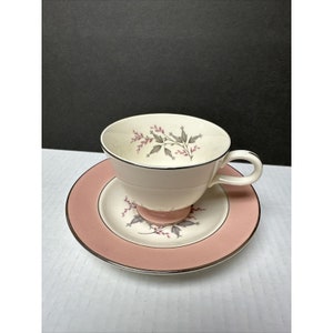 Peut inclure: Une tasse à thé et une soucoupe vintage avec un motif floral rose. La tasse et la soucoupe sont blanches avec une bande rose autour du bord. Le motif floral est dans des tons de rose et de gris.