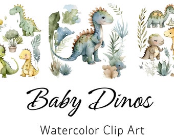 Watercolor dinosaurs clipart, neutral baby boy clip art, dino nursery decor, digital download
