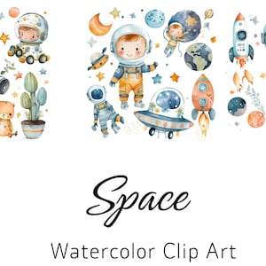 Space watercolor clipart, cute astronaut , planets clip art, rockets PNG, nursery decor