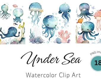 Unterwasser Aquarell Clipart, Kinderzimmer Dekor, Baby Wandkunst, Oktopus, Qualle, Wal, niedliche Meerestiere png, Baby Shower