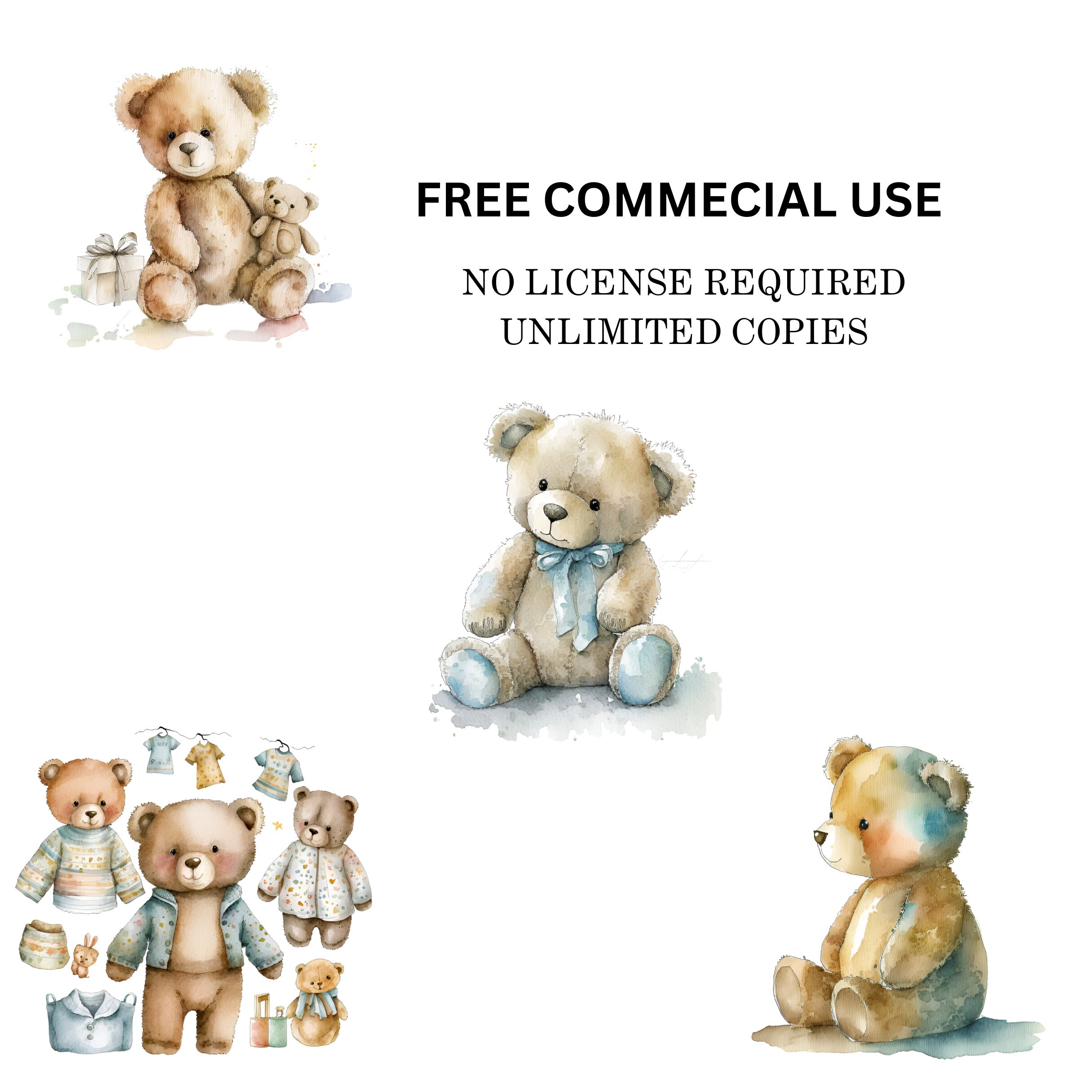 Watercolor Teddy Bear Clip Art Clipart Pack, Baby Shower for a Boy ...