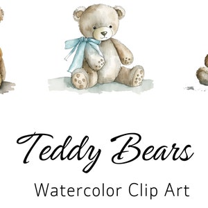 Aquarell Teddybär Clip Art Clipart Pack, Babyparty für einen Jungen, Clipart für die kommerzielle Nutzung, transparente PNGs, blaue Flugzeugballons