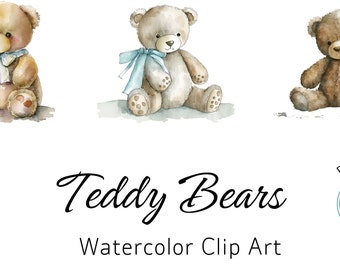 Watercolor Teddy Bear Clip Art Clipart Pack, Baby Shower for a boy, Clipart for commercial use, Transparent PNGs, Blue Aeroplane Balloons