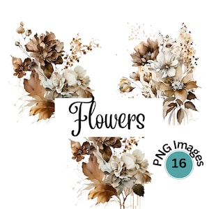 16 flores marrons neutras PNG, buquês de clipart floral em aquarela, elementos, uso comercial, clipart digital PNG