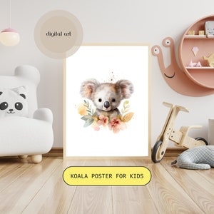 Watercolor Koala Bear Nursery Art Digital Print - Floral Delight - Baby Room Decor, Animal Illustration