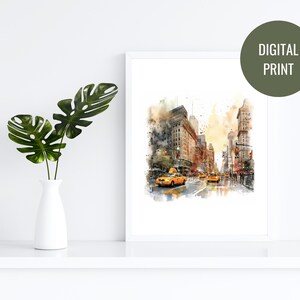 Ilustración en acuarela Ciudad de Nueva York, Arte digital imprimible, Decoración de paredes