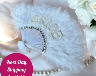 Bride Feather Fan: Pearl Rhinestone Wedding Hand Fan
