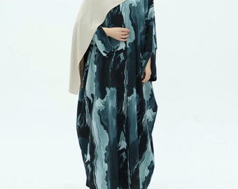Soraya Open Abaya – Modern Lightweight Abaya with Abstract Marbled Print | Modest Elegant Open Front Abaya in Blue