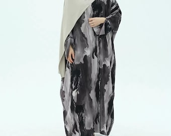 Soraya Open Abaya – Modern Lightweight Abaya with Abstract Marbled Print | Modest Elegant Open Front Abaya in Grey