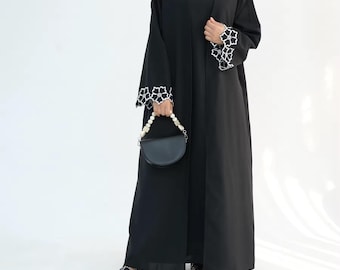 Noor Abaya – Minimal Modern Linen Blend Abaya with Embroidered Sleeves | Modest Elegant Abaya in Black Everyday & Occasion Wear