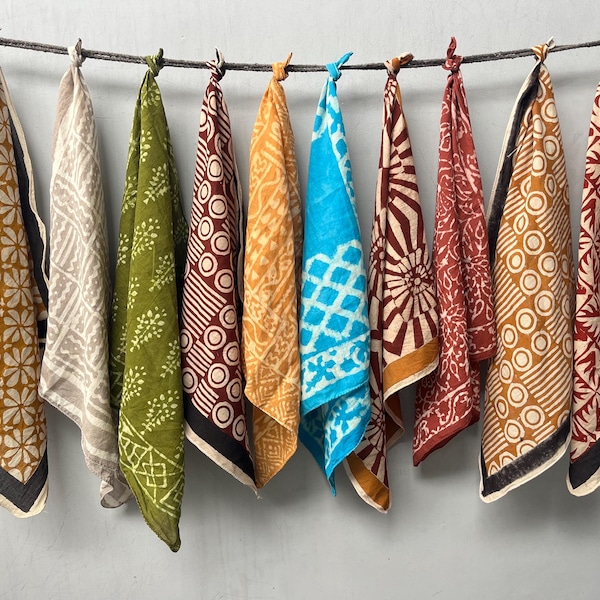 Hand Block Printed Cotton Bandana Set, Natural Dye Neck Scarf