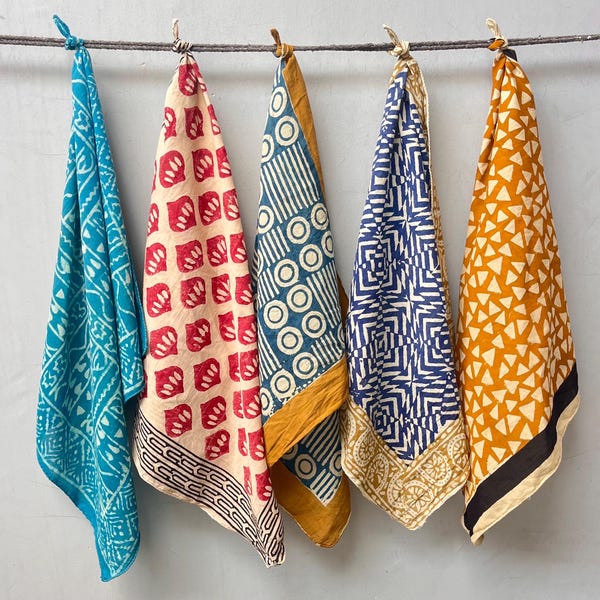 A set of 5 bandanas, Block Print Cotton Bandana Set: Geometric Neckerchief (21×21" Inch)