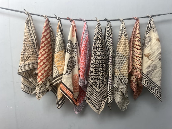 Hand Printed Cotton Bandana Set, Natural Dye Necktie, Organic Colors