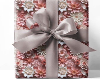 3D Pink and White Flowers Gift Wrap 24" x 36" or 24" x 72" | Beautiful Three-Dimensional Flowers in Pinks and White | Wedding Gift Wrap