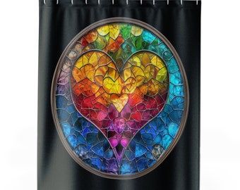Herzhaftes Mosaik: Buntglas-Herz-Duschvorhang – Verleihen Sie Ihrem Badezimmer Liebe und Eleganz. 71" x 74" mit herzlichem Charme