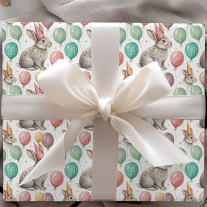 Bunny Birthday Wrapping Paper – Cute Rabbit Gift Wrap with Balloons and Party Hats – Easter Bunny Present Paper for Kids and Animal Lovers