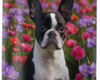 Blooming Boston Terrier Shower Curtain: Add charm to your bathroom with our 71" x 74" curtain, featuring a playful pup amid colorful flowers