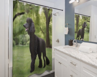 Regal Black Poodle Shower Curtain: Immerse yourself in elegance with our 71" x 74" curtain, featuring a majestic poodle amid lush greenery