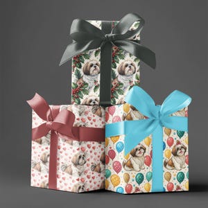 Shih Tzu Wrap Bundle – 3 Roll Set | Birthday, Heart, Christmas | Dog Wrapping Paper 6' Rolls Shih Tzu Lover Gift Wrap Set