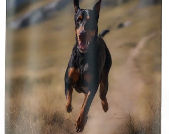 Mountain Majesty Shower Curtain: Transform your bathroom with our 71" x 74" curtain, featuring a majestic Dobermann in the mountains