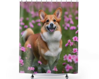 Blumen Corgis Duschvorhang: Verleihen Sie Ihrem Badezimmer Charme mit unserem 71 "x 74" Vorhang, der einen verspielten Welpen inmitten bunter Blüten zeigt