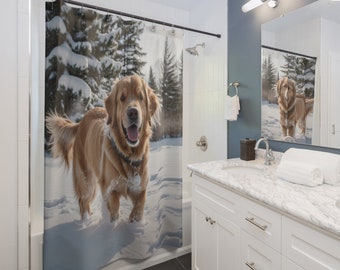 Snowy Pup: Golden Retriever Duschvorhang – Genießen Sie den Winter mit einem verspielten Begleiter im Schnee. 71" x 74" saisonale Einweihungsfreude