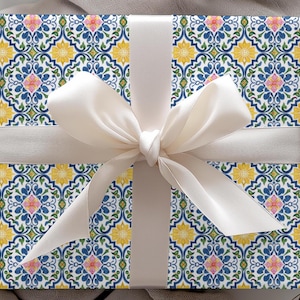 Mediterranean Tile Gift Wrap Spanish Talavera Wrapping Paper Vibrant Blue Yellow Floral Pattern Elegant Decorative Gift Wrap 24x72/ 24x144