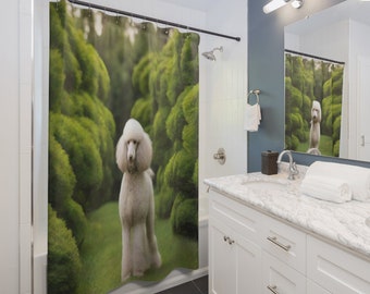 Pristine Poodle Shower Curtain: Step into serenity with our elegant 71" x 74" curtain, featuring a regal white Poodle amidst lush greenery