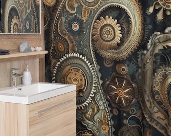 Steampunk Chic : rideau de douche cachemire - Transformez votre salle de bain avec un charme vintage et une touche industrielle. 71 x 74 po. d'élégance créative