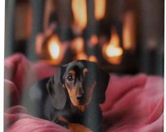 Fireside Dachshund Shower Curtain: Add warmth and charm to your bathroom with our 71" x 74" curtain featuring a cozy pup by the fireplace