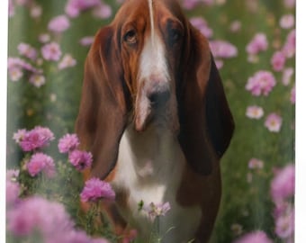 Blooming Basset Shower Curtain: Transform your bathroom with our 71" x 74" curtain, featuring a serene hound amidst colorful flowers