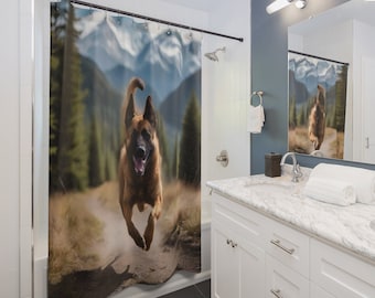 Mountain Runner Shower Curtain: Immerse yourself in adventure with our 71" x 74" curtain, featuring a dynamic Belgian Malinois