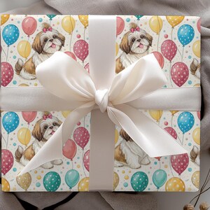 Shih Tzu Gift Wrap 24x72 24x144 Cute Dog Wrapping Paper with Balloons Birthday Party Puppy Present Colorful Polka Dot Design Gift for Her