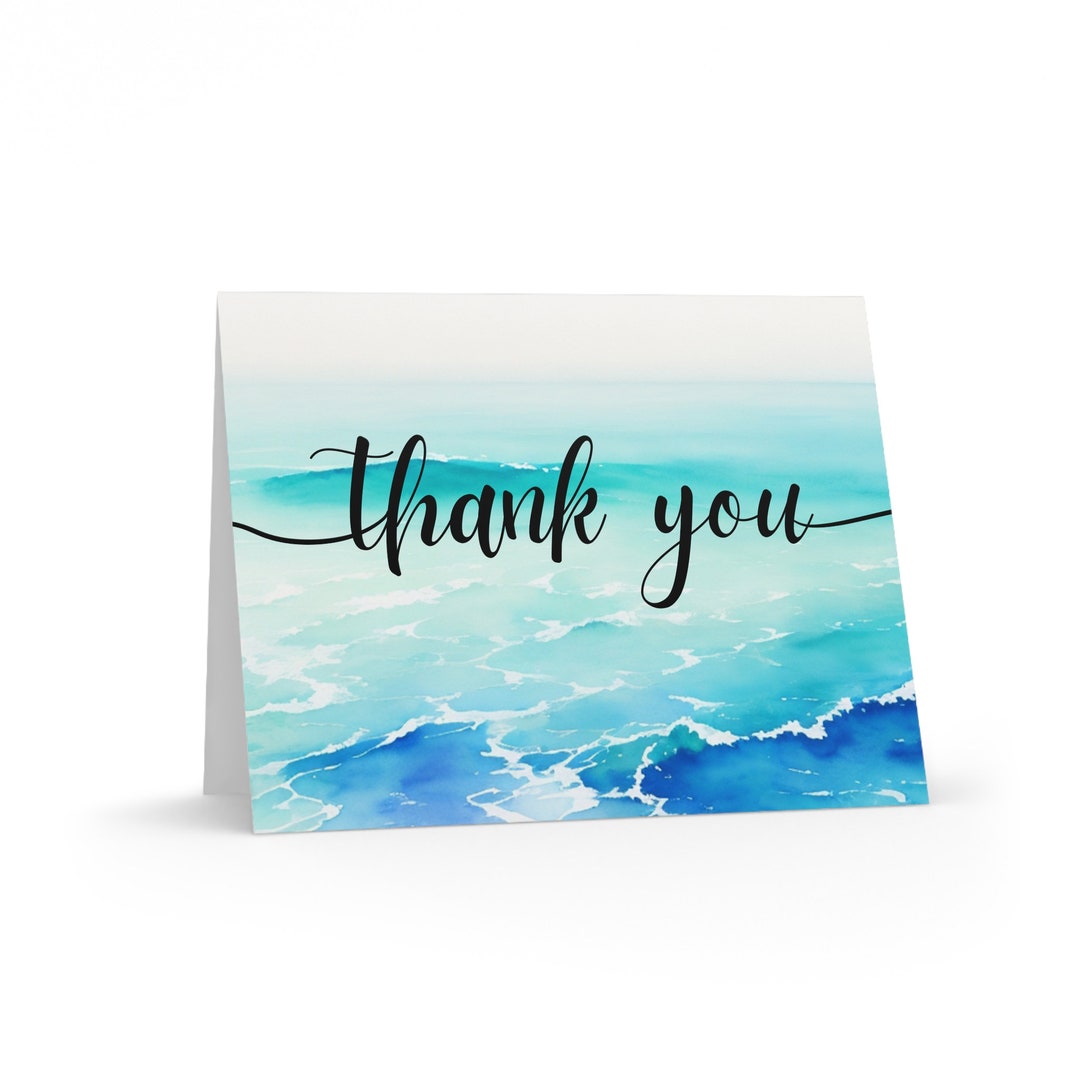 Thank You Cards With Watercolor Ocean Background in 8, 16 or 24 Card
