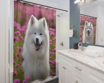 Blooming Samoyed Shower Curtain: Infuse your bathroom with beauty with our 71" x 74" curtain, featuring a majestic pup amid lush flowers