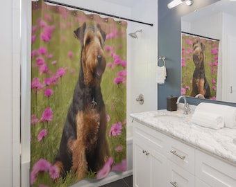 Floral Airedale Shower Curtain: Transform your bathroom with our 71" x 74" curtain, featuring a majestic terrier amidst a field of blossoms