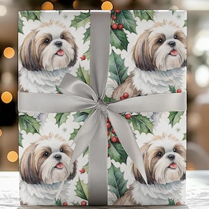 Shih Tzu Christmas Gift Wrap 24x72 24x144 Dog Wrapping Paper with Holly and Berries Cute Winter Holiday Paper for Pet Lovers Shih Tzu Mom