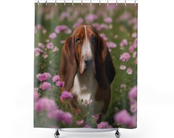 Blühender Basset-Duschvorhang : Verwandeln Sie Ihr Badezimmer mit unserem 71 "x 74" - Vorhang mit einem ruhigen Hund inmitten bunter Blumen