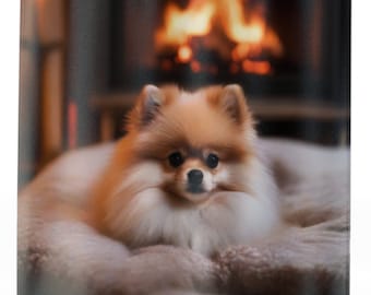 Fireside Pomeranian Shower Curtain: Transform your bathroom into a cozy sanctuary with our 71" x 74" curtain, featuring a snug pup