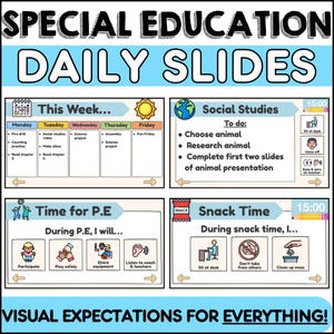 Op de afbeelding: Een visueel hulpmiddel voor speciaal onderwijs, getiteld "Daily Slides". Het bevat een wekelijkse planning met activiteiten zoals brandoefeningen en sociale studies. Inclusief secties voor gym en snacktijd, met visuele verwachtingen.