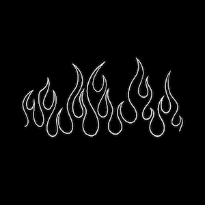 Könnte beinhalten: Eine weiße Umrandung von stilisierten Flammen auf schwarzem Hintergrund.