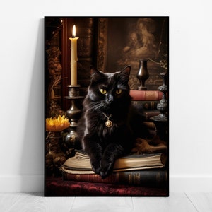 黒猫の肖像画 ビクトリア朝のアートプリント 猫のビンテージポスター 猫のダークアカデミア 黒猫アート 猫のハロウィンポスター