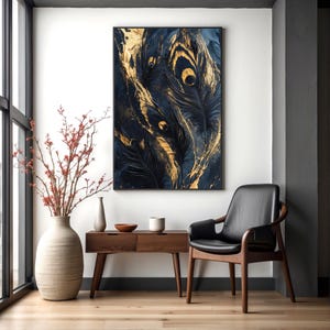 Abstracte Poster Gouden Veren – Moderne Muurkunst in Goudlook – Digitale Download – Printbare Wanddecoratie