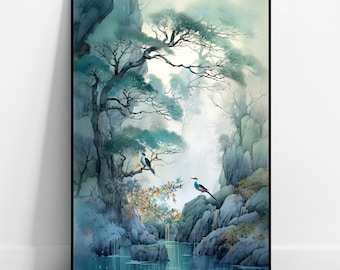 Japan Poster Japanese Watercolor Feng Shui Mural Neutral Wall Art Japanese Nature Mural