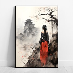 Japan Poster Tempel Illustration Landschaft Poster Abstrakte Wandkunst Japanische Kunst Japandi Poster Aquarell Wandbild