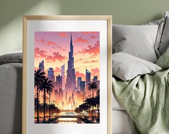 Urban Skyline Wall Decor | Sunset City Print | Digital Art Download