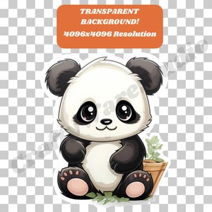 Könnte beinhalten: Ein Cartoon-Panda-Aufkleber mit transparentem Hintergrund. Der Panda ist schwarz und weiß mit großen, ausdrucksstarken Augen. Er sitzt vor einem kleinen, braunen Blumentopf mit grünen Pflanzen. Der Aufkleber hat den Text "TRANSPARENT BACKGROUND! 4096x4096 Resolution".