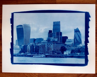 Cyanotype photo of the Gherkin in London and skyscrapers